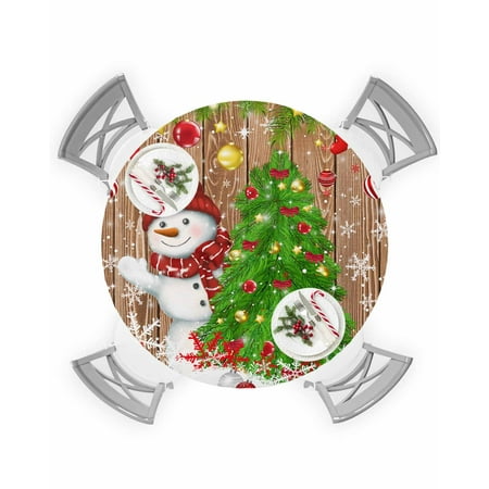 

Round Tablecloth with Elastic Christmas Xmas Tree Red Gold Balls Snowman Retro Wood Plank Waterproof Table Cover Wipeable Fitted Table Cloths for 55 -60 Round Tables Dining Kitchen