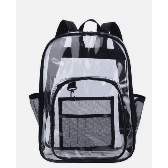 Clear Transparent Backpack with Black Trim, Front Zipper Pocket, 2 Mesh Side Pockets and Adjustable Straps