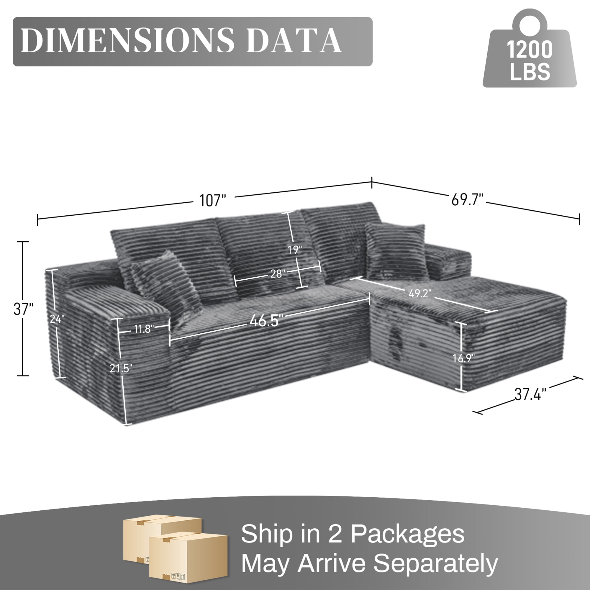 Aukfa 107" Cloud Modular Sectional Couch with Right-Facing Chaise, Corduroy Deep Seat Boneless Sofa for Living Room, Apartment, Gray
