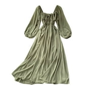 YM YOUMU Women Square Neck Long Puff Sleeves Chiffon Smocked Bust Dress Tie Front