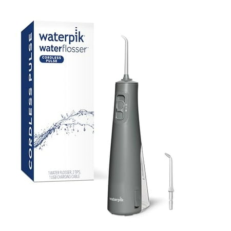 Waterpik Cordless Pulse Rechargeable Portable Water Flosser for Teeth Gums Braces Care and Travel with 2 Flossing Tips Waterproof ADA Accepted WF-20 Gray WF-20CD017