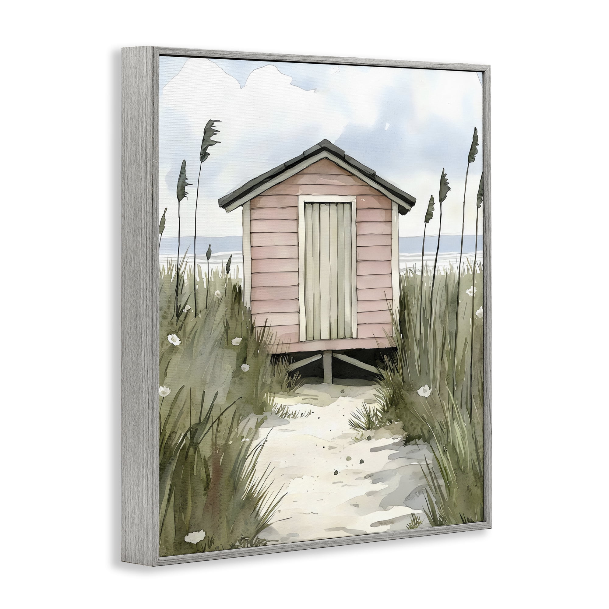 Stupell Industries Coastal Calm Pink Beach Hut Gray Framed Giclee Art, design by Riley B