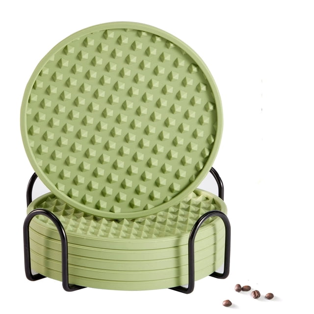 Set of 6 with Holder, Silicone Coasters Tabletop Protection for Any Table Type, Wood, Stone Tables, Dishwasher Safe, Coasters for Drinks Fits Any Size of Drinking Glasses (Green)10*0.5cm