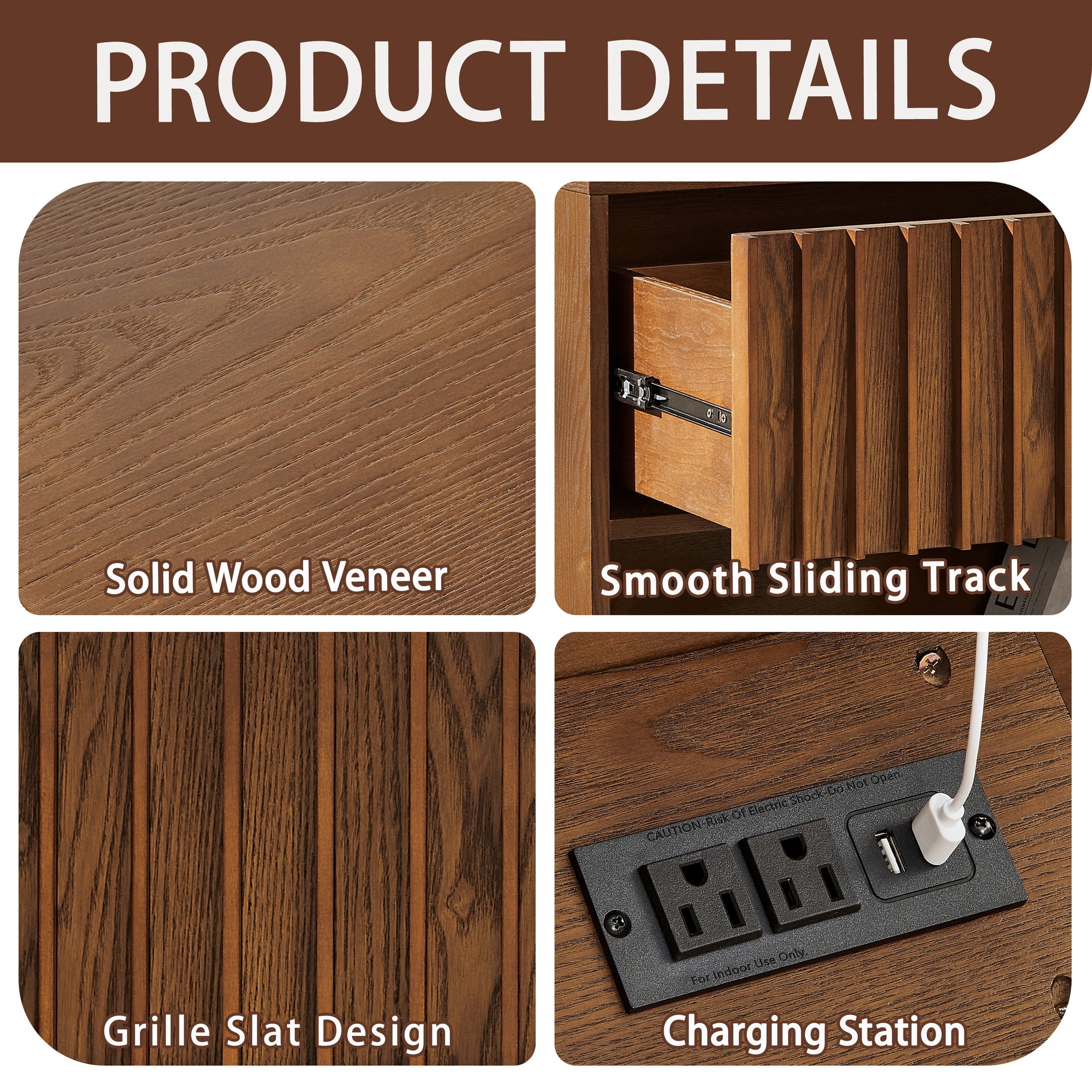 GDF Studio 23.4" Grille Slat Nightstand with Charging Station, Drawer & Open Shelf, Walnut