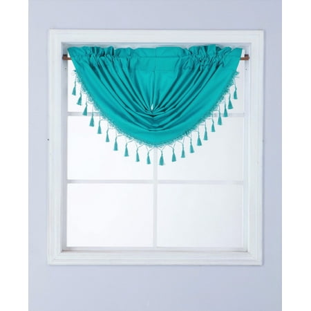 Trim On Curtains RS8 1-Piece TEAL Waterfall Blackout Rod Pocket Window Valance with Decorative Trim 48