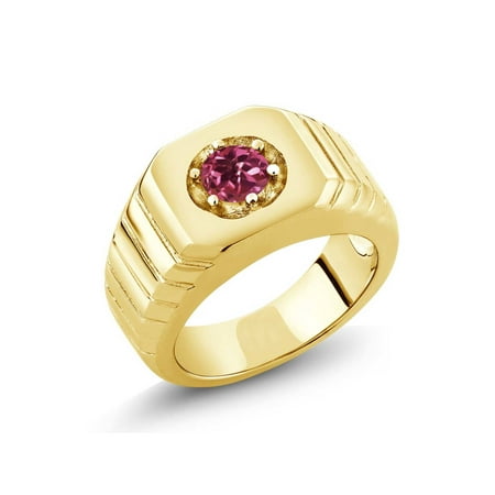 Pink Tourmaline Mens Ring - 0.50 Ct Pink VS Tourmaline 18K Yellow Gold Plated Silver Men's Solitaire Ring