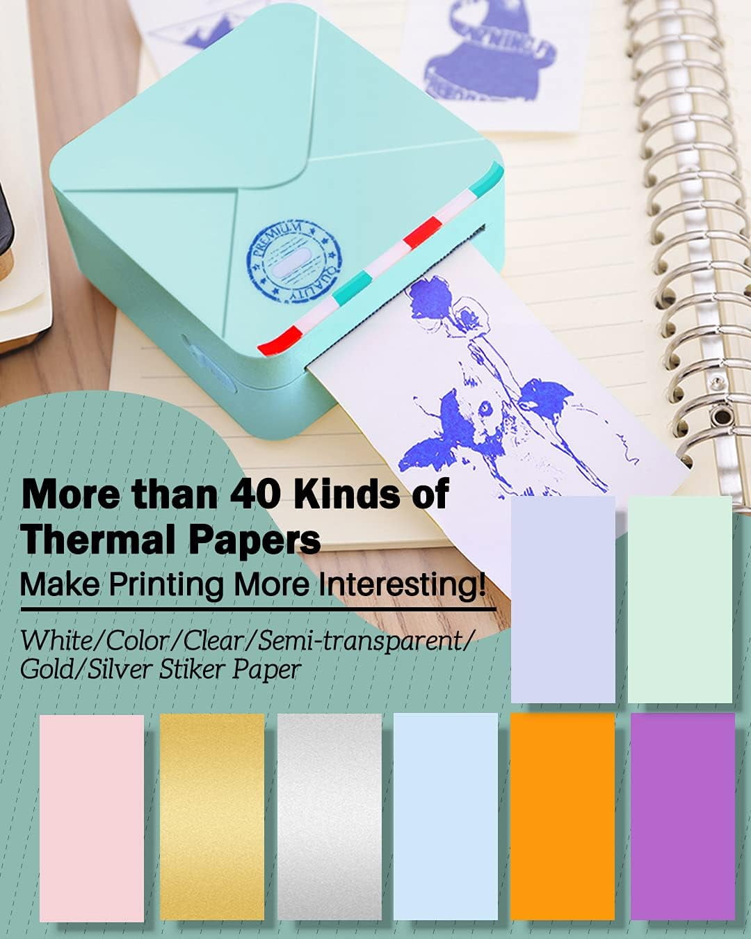 Phomemo M02S Mini Thermal Printer - HD 300dpi Bluetooth Printer for Phone, Compatible with iOS & Android - Perfect for Journaling, Photos & Creative Fun - Great Gift Idea (Teal)