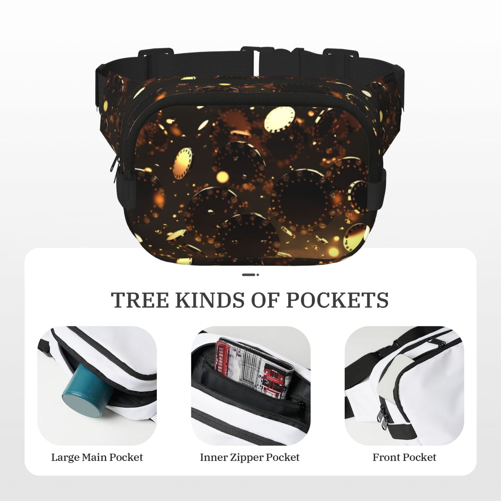 Picia Classical Golden Casino Print Square Double-Layer Waist Bag Mini Adjustable Waist Belt Bag Exercise Running Travel Hiking