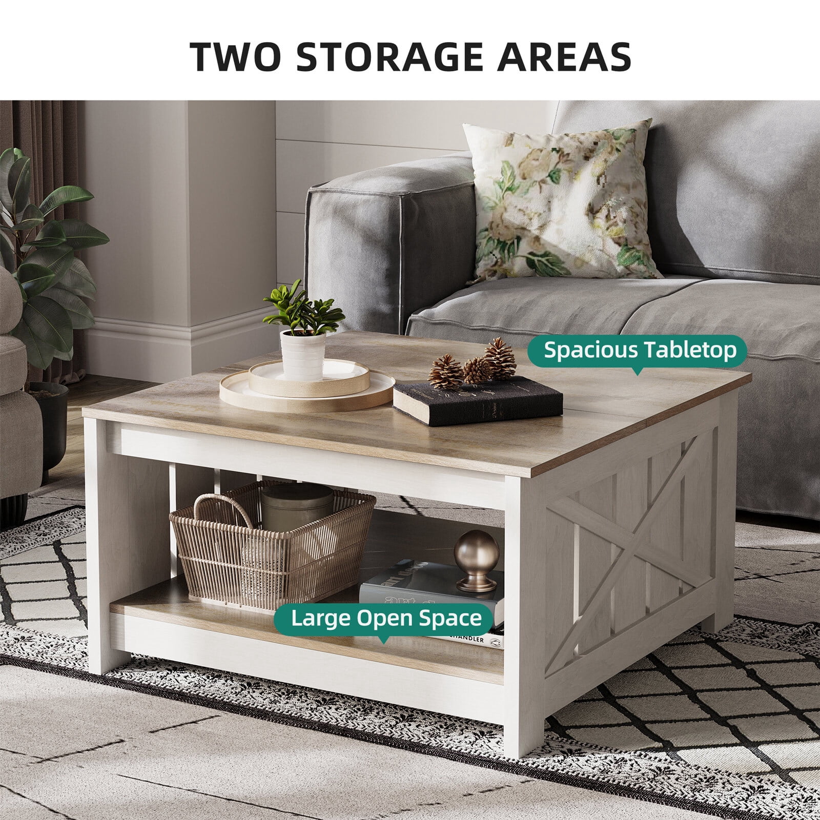 DEXTRUS Square Coffee Table, Farmhouse Center Table with Storage Compartment, Gray & White