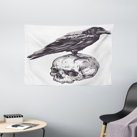 Scary Decor Tapestry, Scary Movies Theme Crow Bird Sitting on a Human Old Skull Sketchy Image, Wall Hanging for Bedroom Living Room Dorm Decor, 60W X 40L Inches, Black and White, by Ambesonne