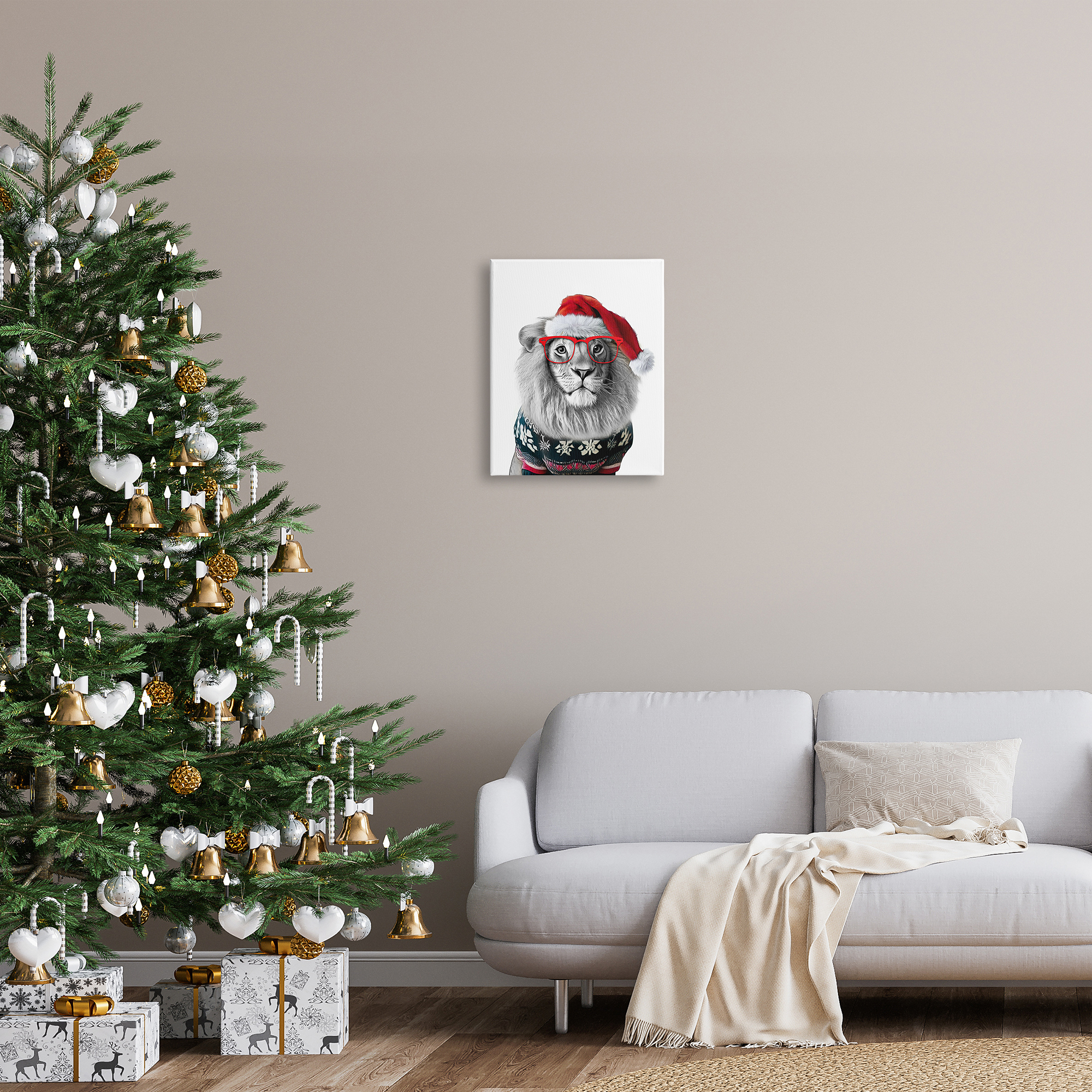 Stupell Industries Lion in Christmas Sweater Holiday Painting Gallery Wrapped Canvas Art Print Wall Art, 16 x 20