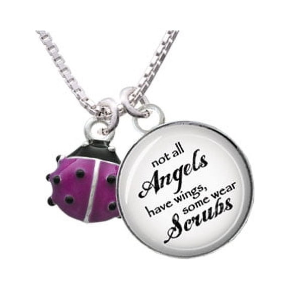 Mini Hot Purple Ladybug Angels Wear Scrubs Glass Dome Necklace, 18" 2"