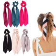thumbnail image 1 of Gomas para el cabello de satén de seda, bufanda para el cabello con lazo, bandas elásticas de seda para el cabello, gomas para el cabello con estampado de rayas para coleta (6 piezas de colores sólido, 1 of 5