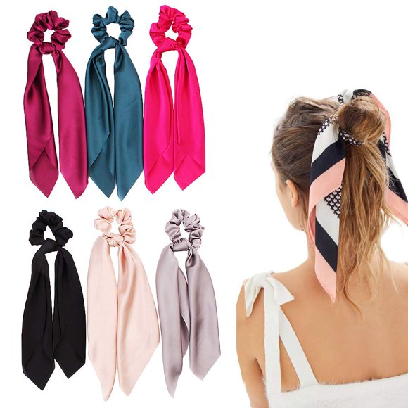 Gomas para el cabello de satén de seda, bufanda para el cabello con lazo, bandas elásticas de seda para el cabello, gomas para el cabello con estampado de rayas para coleta (6 piezas de colores sólido