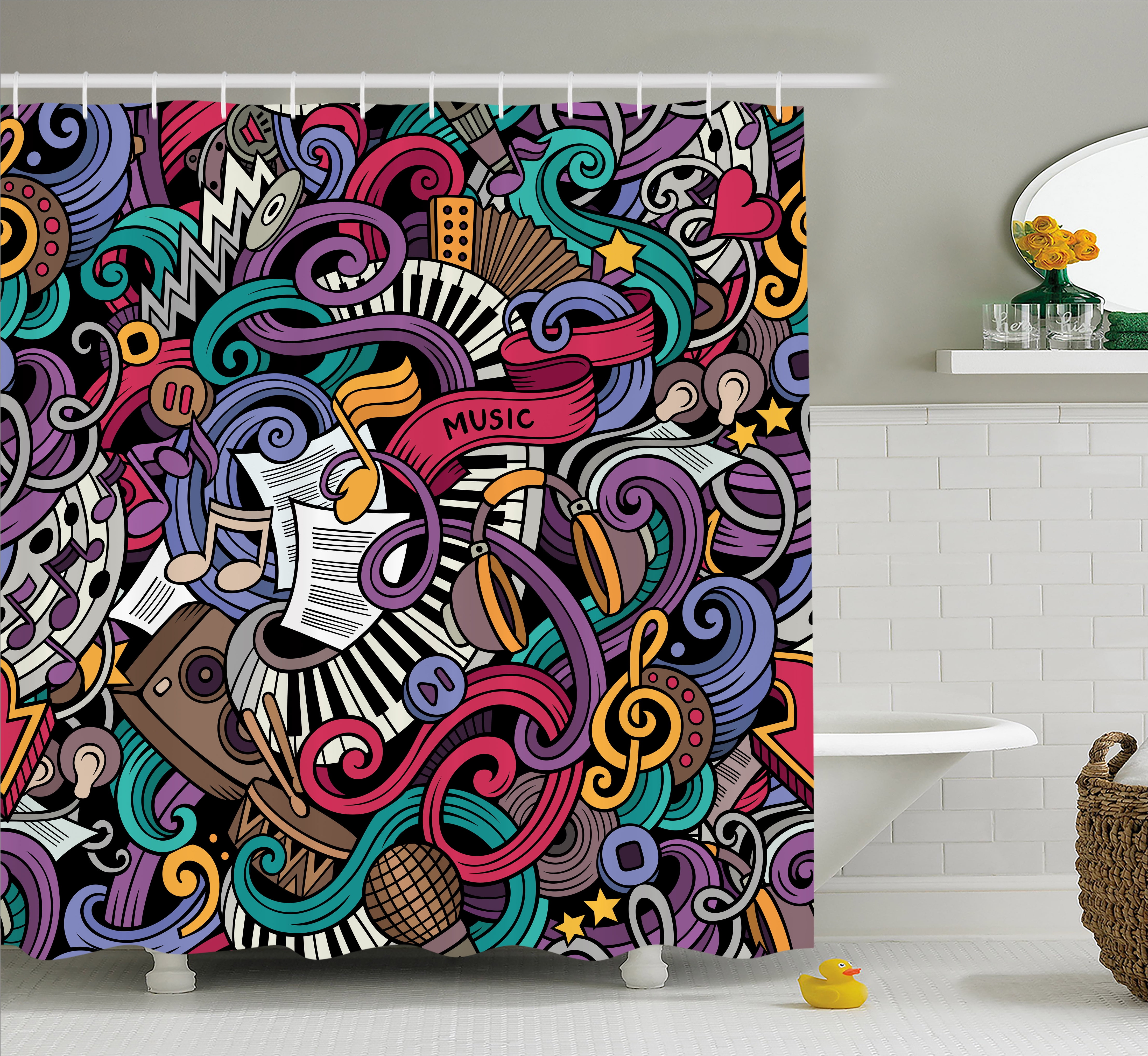 Doodle Shower Curtain, Music Themed Hand Drawn Abstract Instruments