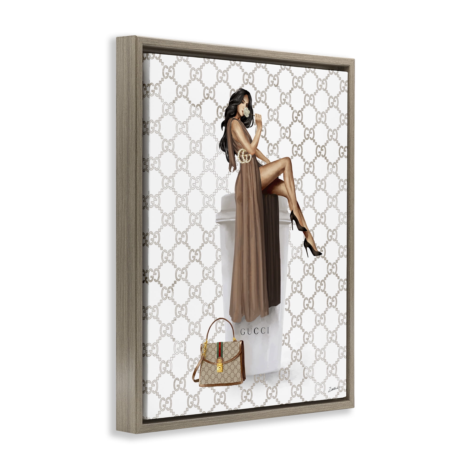 Stupell Industries Chic Woman & Coffee Beauty & Fashion Painting Brown Floater Framed Art Print Wall Art, 25 x 31