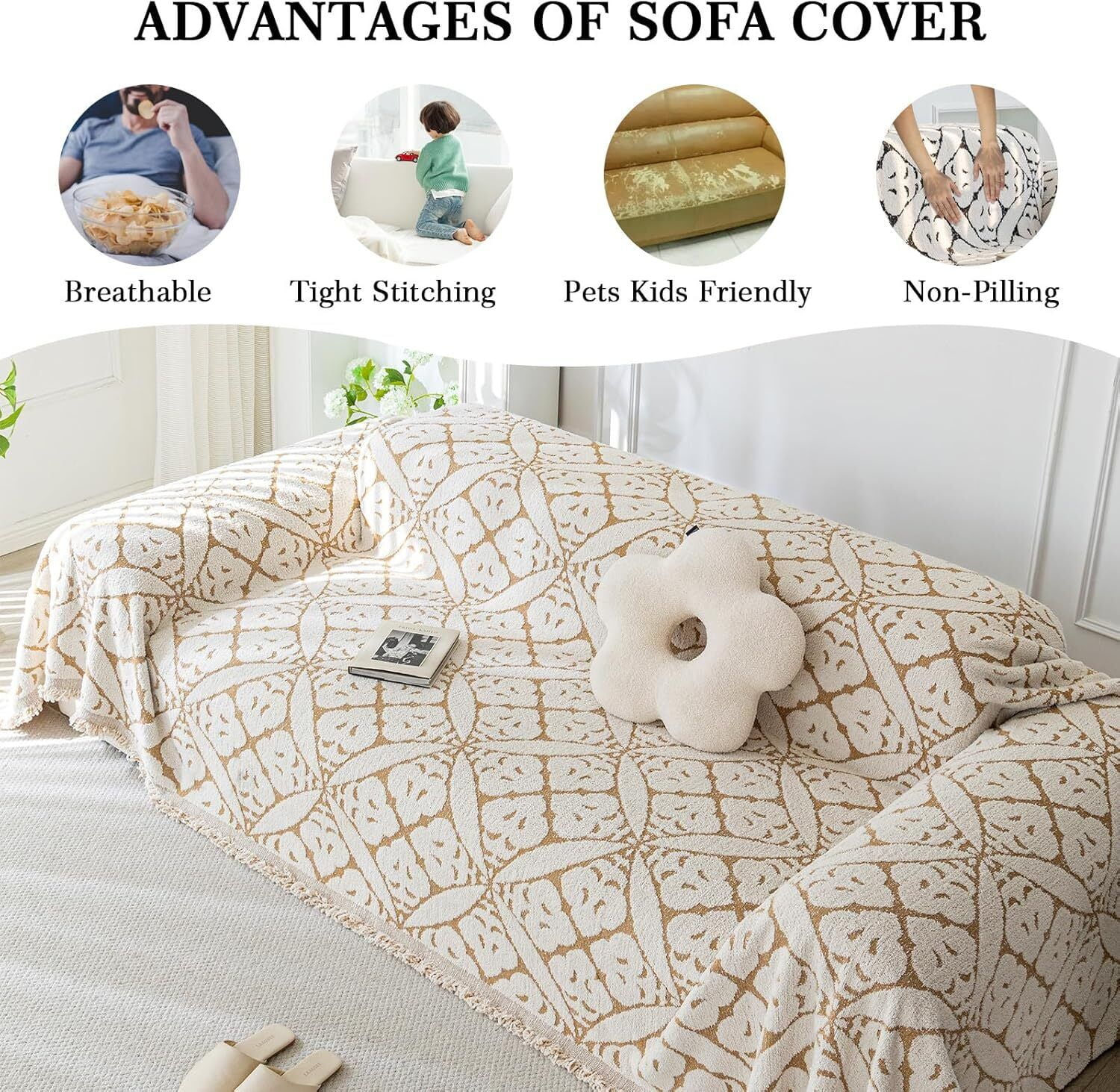 TOPCHANCES Chenille Couch Cover Sofa Slipcovers Towel Cover Couch Furniture Pet Protector Throws Blanket  (180*300cm, Khaki)