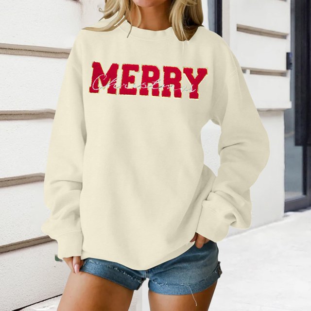 Chandails d'Automne pour Femmes Chic Joyeux Noël Chandails pour Femmes Joyeux et Chandail à Lettres Imprimées Chandails à Enfiler Hauts Décontractés Chandails à Col Rond