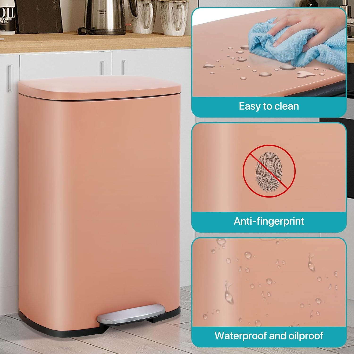 13 Gallon Kitchen Trash Can with Lid, Garbage Can with Foot Pedal and Inner Bucket, Fingerprint Resistant Stainless Steel Step Up Trash Can for Household and Kitchen Trash Recycling (Pink)