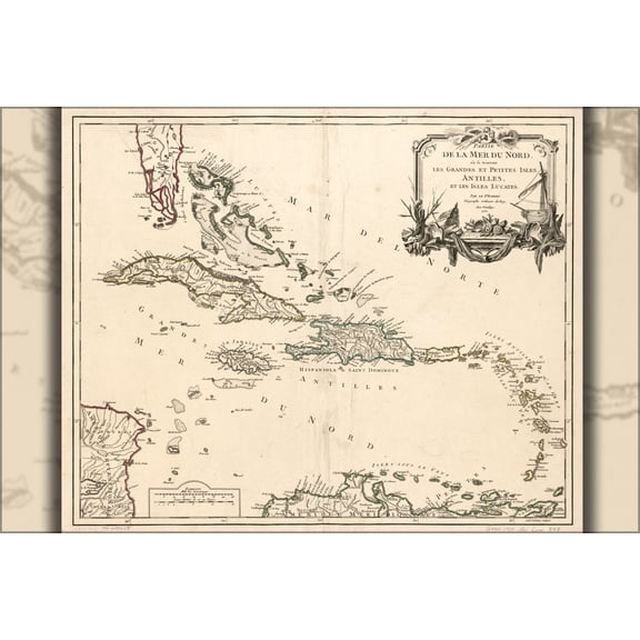 24"x36" Gallery Poster, map of west indies in french 1750