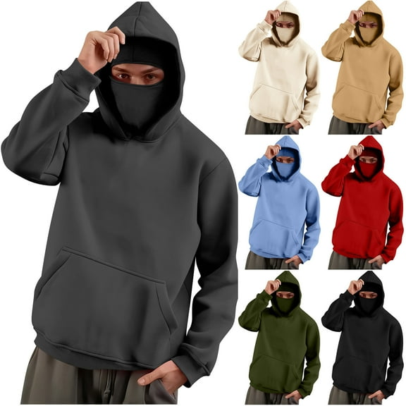 QATAINLAV Mens Balaclava Hoodie with Ski Mask Fleece Lined Double Hooded Sweatshirt Long Sleeve Fishing Running Tops with Pocket, Beige, XXL
