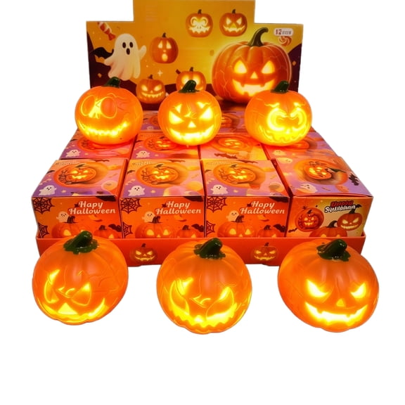 Light‑Up Pumpkin Squishy,Random 1 Pack Glowing Jack‑o‑Lantern Squishy Shaped Stress Ball,Slow Rebound Halloween Surprise Blind Box Squeeze Fidget Toy Anxiety Relief Soft Stress Ball Pinch Sensory Toy
