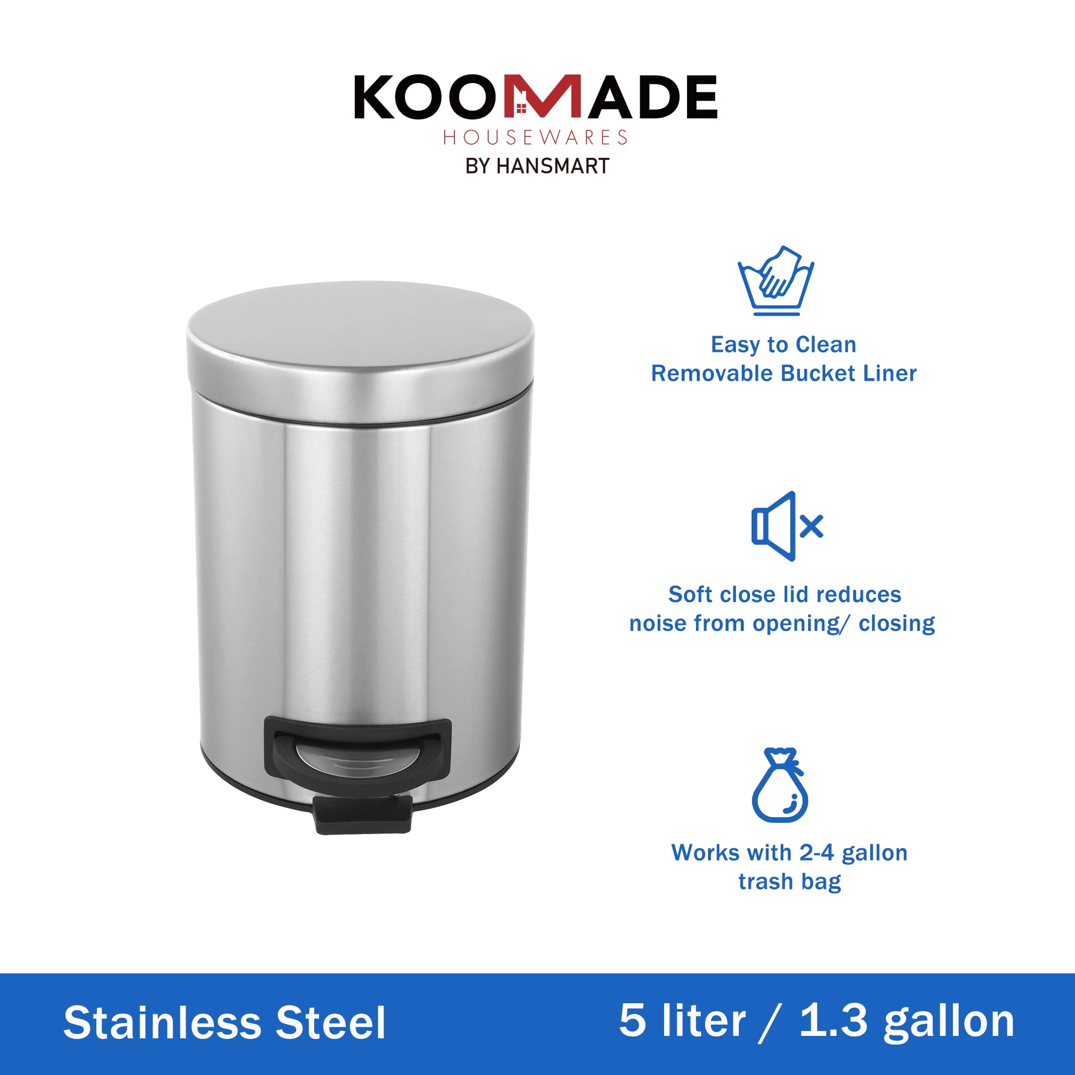 Koomade 2 Pack Bathroom Kitchen Trash Can, 1.3 Gallon Stainless Steel Step Round Garbage Bin, Silver