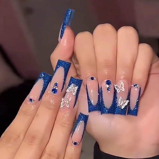 IMSOHOT Uñas postizas de punta francesa de ataúd, uñas postizas con diamantes de imitación de mariposa azul, uñas postizas con diseños, uñas acrílicas de cubierta completa, pegamento brillante con pur