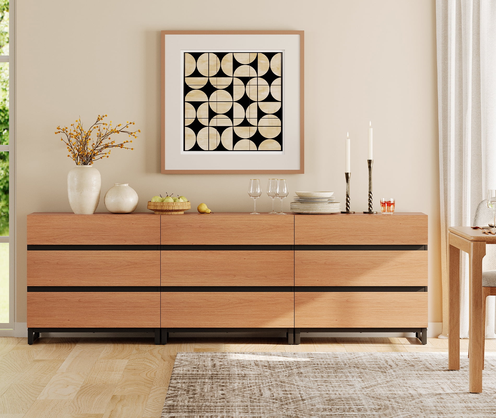 3 In 1 Multifunctional Sideboard Buffet Cabinets, Modern Sideboard With Adjustable Shelf And 9 Drawers, Coffee Bar Cabinet Storage Cabinet For Living Room, Kitchen,Mocha