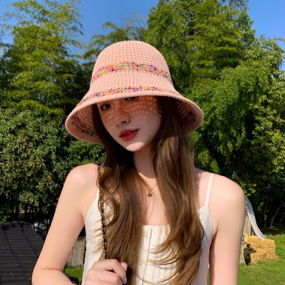 SikaFu Thin Grass Woven Fisherman Hat For Women Summer Hollow Breathable Sun Protection Sun Hat Showcase Face Small Water Bucket Bowl Hat