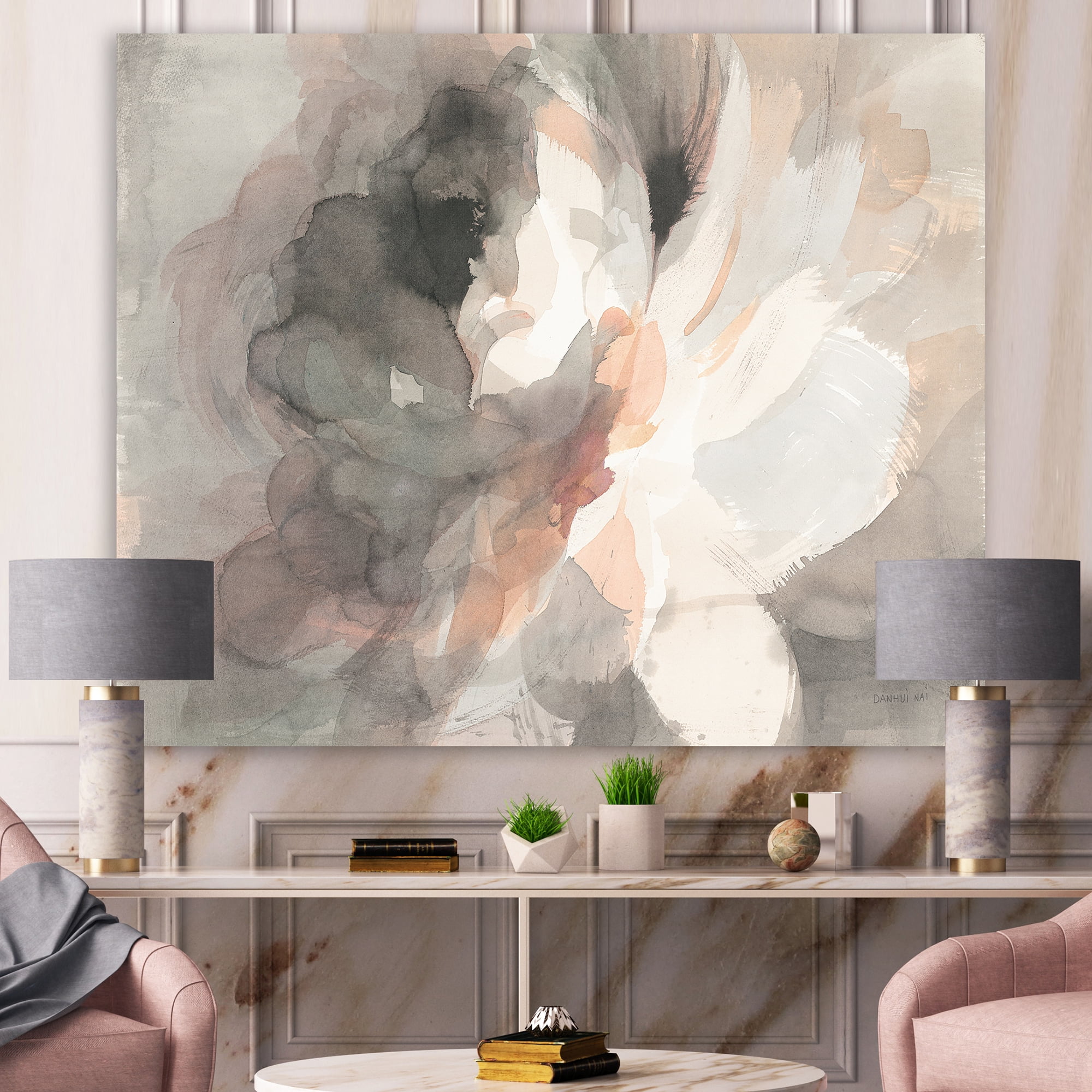 Designart 'Abstract Peony Grey' Pink Modern gallery-wrapped Canvas