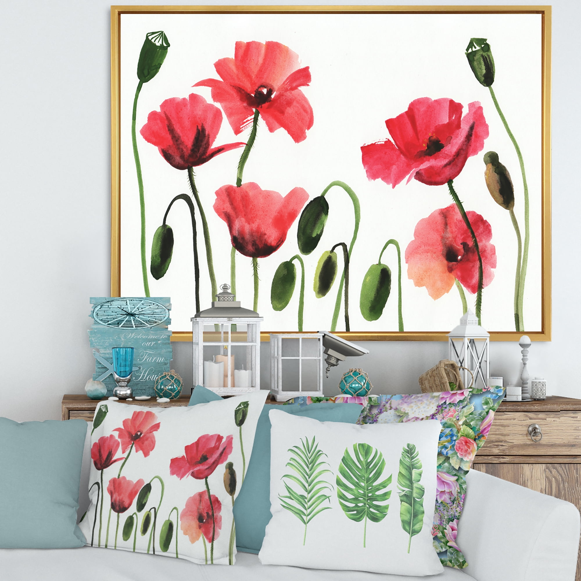 Ancient Red Blooming Poppies 32 in x 16 in Framed Painting Canvas Art Print, by Designart