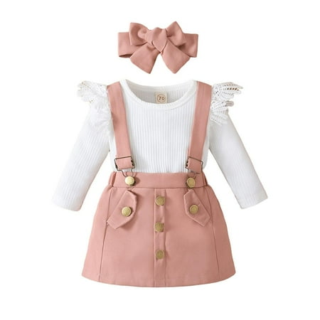

WTPretty Baby Girl Solid Color Lace Pit Pit Strip Romper Sling Dress Headband Three Pieces Set