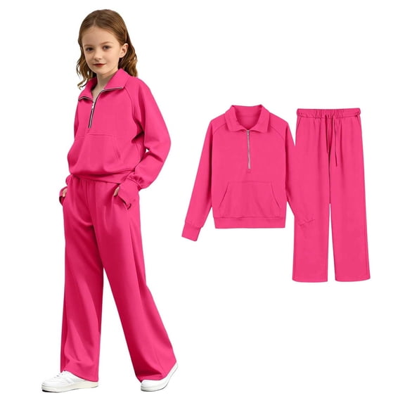 Kids Track Suits Girls Kids Pink Sweatsuit Quarter Zip Thumbhole Sweatshirt Pullover Sweatpants Set Athletic Clothes for Girls 9-10 Years