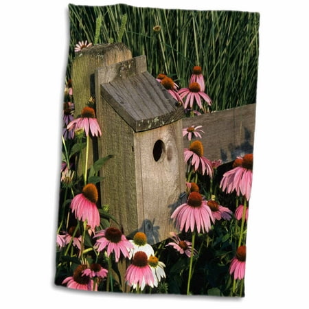 Bluebird Trail Box 3dRose Bluebird nest box on fence near purple Coneflowers, Marion, IL - Towel, 15 by 22-inch ()