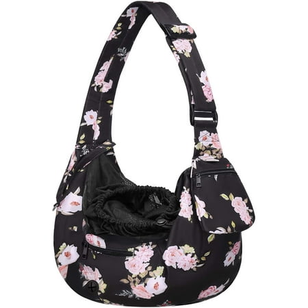 Mosiso Pet Sling Carrier Dog Cat Carrier Camellia Tote Bag Adjustable Padded Strap with Zipper Pocket for Outdoor Travel  Black