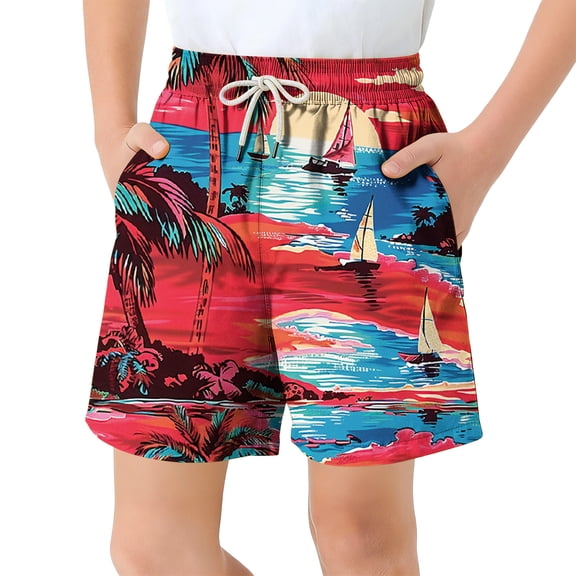 Auroural Hawaiian Shorts for Boys Children'S Pocket Shorts Drawstring Elastic Printed Casual Swim Trunks