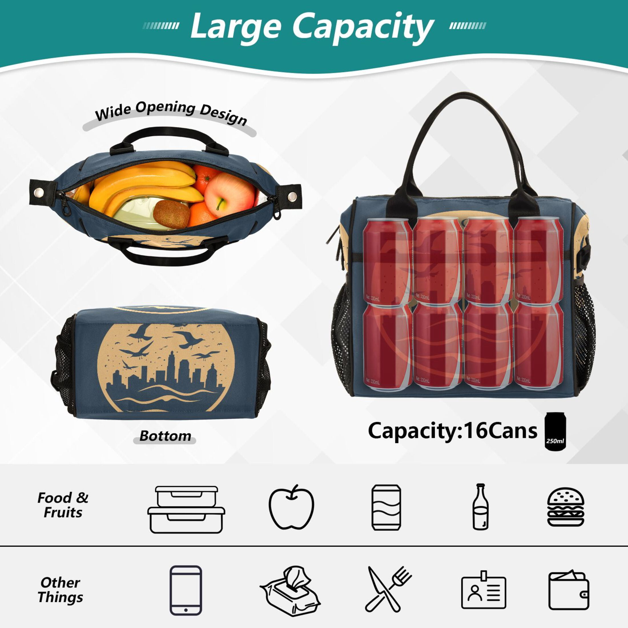 Lunch Bag Insulated Lunch Box Leakproof Reusable Cooler Tote Adjustable Shoulder Strap for Men Women City Seagulls Moon Wave 9L