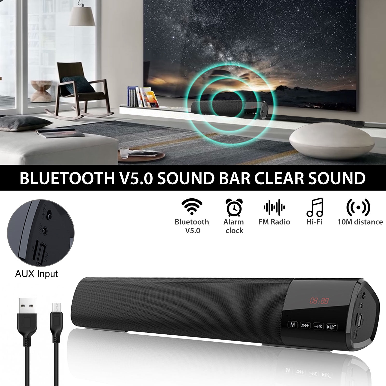 Soundbar for EEEkit 2 x 5W Wireless Bluetooth Soundbar with Stereo Sound, 6H Playtime, Built-in Subwoofer, 15.5'' Wired and Wireless Home Theater Speaker Fit for iPhone, Samsung - Walmart.com