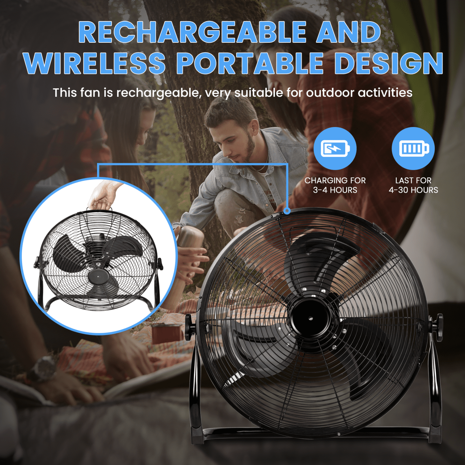 12-Inch Rechargeable Cordless Floor Fan, High Velocity Floor Fan with 360-Degree Tilt, Heavy Duty Metal Floor Fan for Industrial, Commercial, Residential, Office, Ready-to-use, Battery Operated