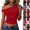 thumbnail image 2 of Womens Off Shoulder Tops Sleeveless Going Out Crop Tank Tops Slim Fitted Shirts Summer Y2K Cute Tops,Red,M, 2 of 7
