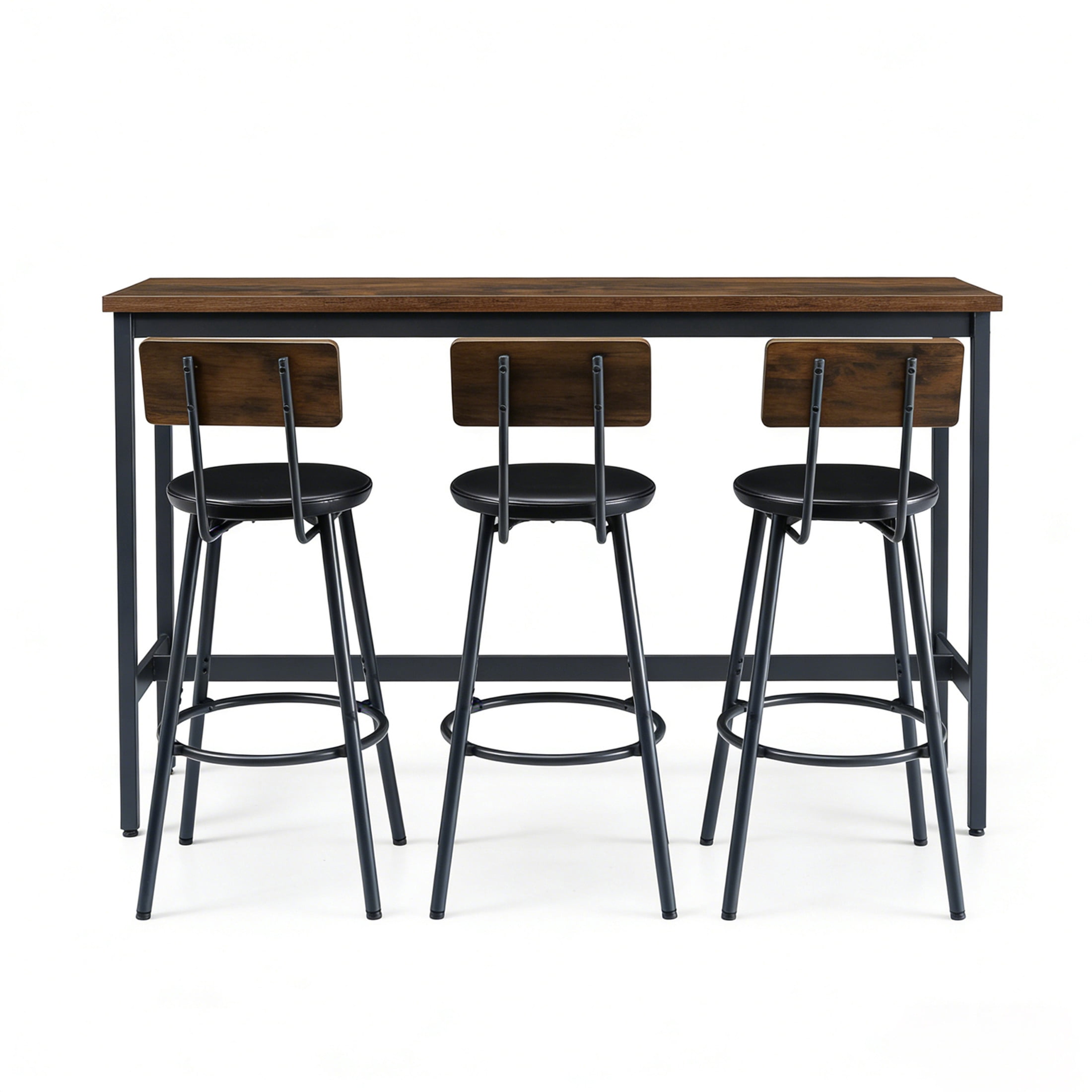 Noble House 4-Piece Industrial Bar Table and Chairs Set, Kitchen Dining Table with 3 Faux Leather Stools, Rustic Brown