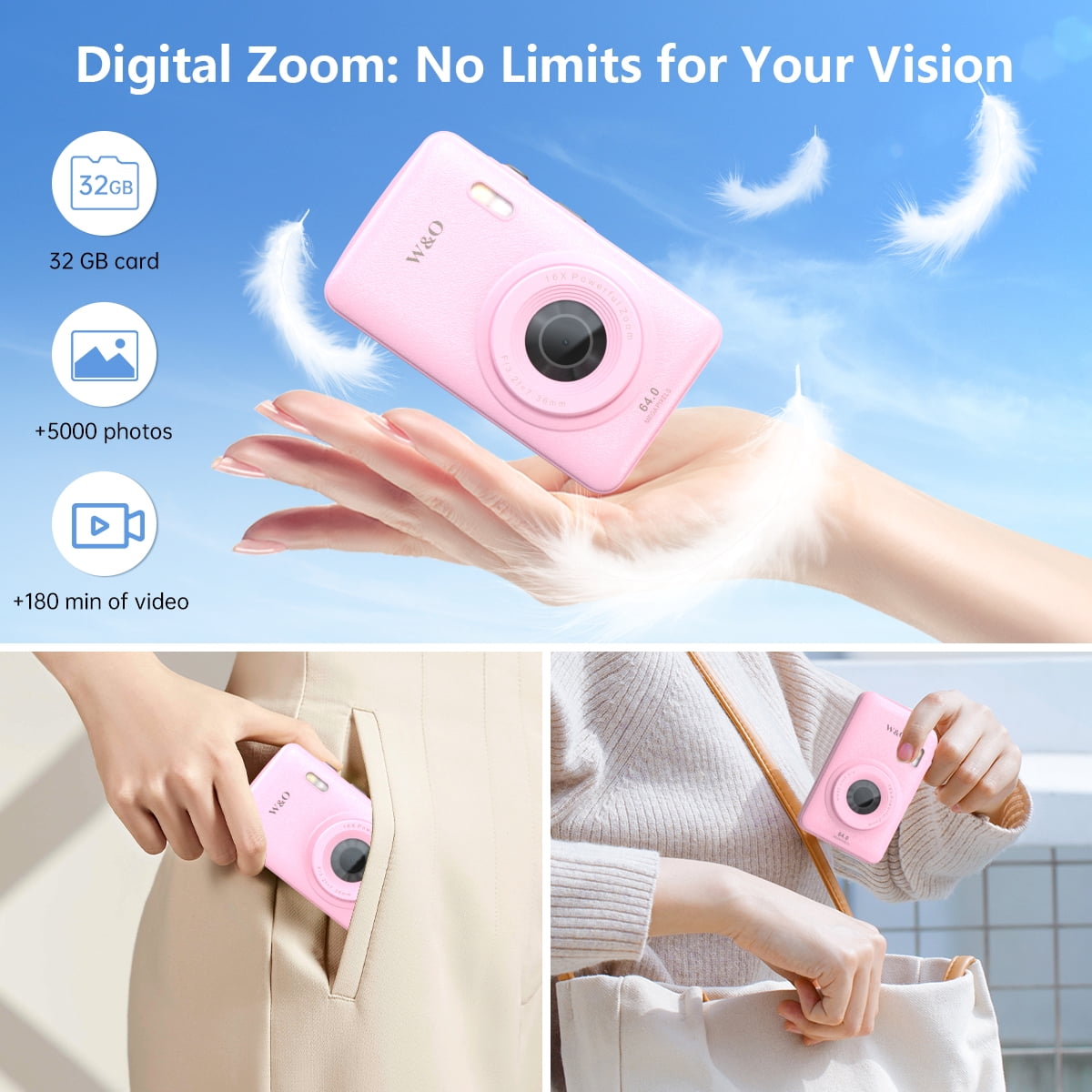W & O Q3 Portable 16x Digital Zoom 48 MP CCD Point & Shoot Digital Camera with 32GB SD Card, Pink