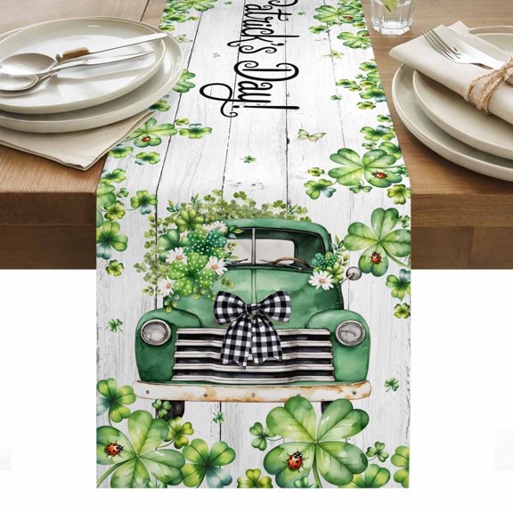 St. Patrick's Day Table Runner - 90 Inch Long, Kitchen Dining Table Runner Dresser Scarves, Green Truck Clovers Floral Butterfly Wood Farmhouse Decor for Coffee Tables Wedding Party Banquet
