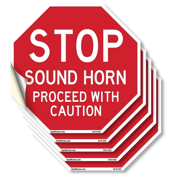 Stop Sound Horn Proceed with Caution (5 Pack) 6 inch X 6 inch Octagon Vinyl Label Decal Sticker Weather Resistant, UV Protected for Workplace, Private Property, and Construction Site,