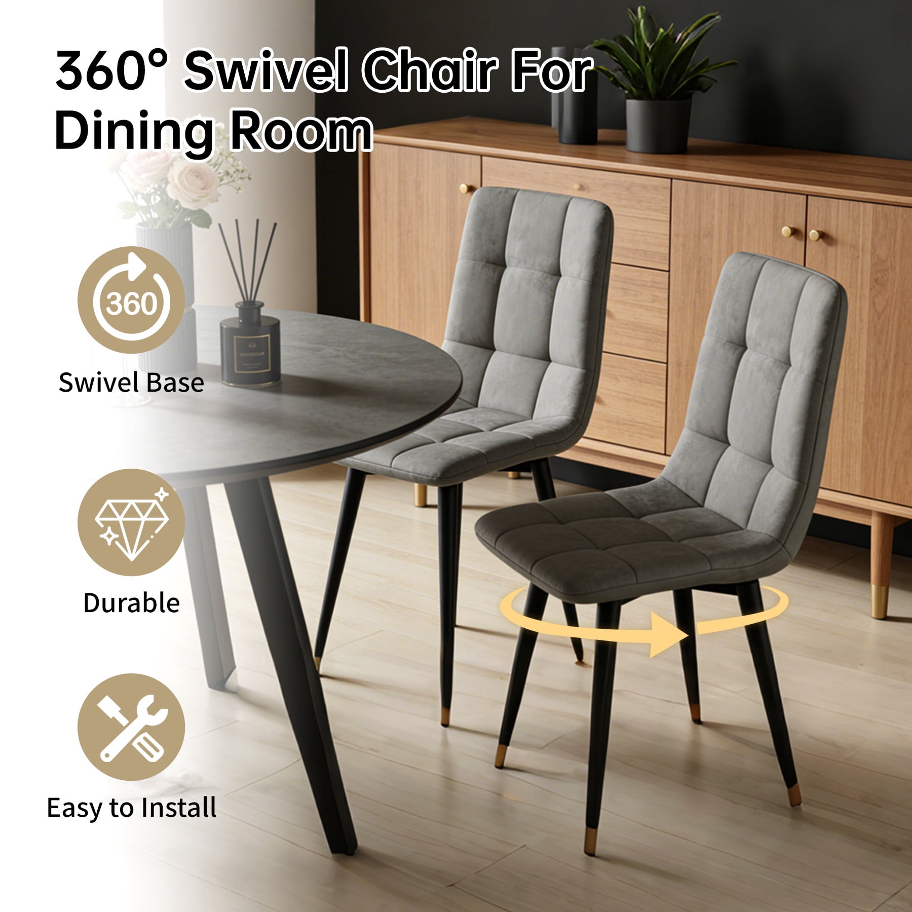 SHGJ&SOFT 360° Swivel Velvet Upholstered Dining Chairs Set of 4, Mid Century Modern Accent Chairs with L-Shaped Backrest, Adjustable Metal Legs for Kitchen Living Room(Gray1, 4pc)