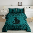 thumbnail image 2 of Black Cat Bedding Comforter Sets King Teal Halloween Gothic Bedding Sets,Retro Exotic Damask Floral Animal Goth Comforter Set For Adults Men Women Boho Moon Stars Quilt Set, 2 of 6