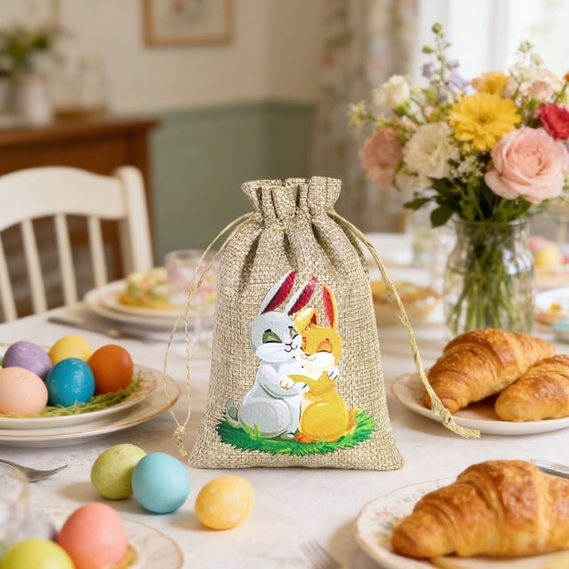 RKSTN Polyester basket Easter-themed Gift Bags And Featuring Rabbits And Easter Egg Patterns On A Burlaps-like Fabric And Perfects For Holiday Parties And Decorations room decor