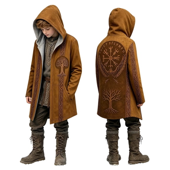 Gyexs Kids Boys Christian Hoodies Norse Mythology Hooded Cloak Gothic Style Outerwear Brown 11-12 Years