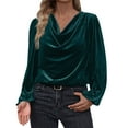 thumbnail image 2 of Mifsaly Velvet Tops for Women Christmas Cocktail Evening Party Velour Blouse Cowl Neck Business T-Shirts Loose Vintage Long Sleeve Pullover Shirts Green L, 2 of 6